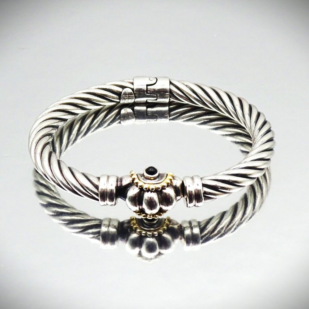 FLLI MENEGATTI Sterling Silver Black Onyx Cabochon Hinged Bangle Bracelet